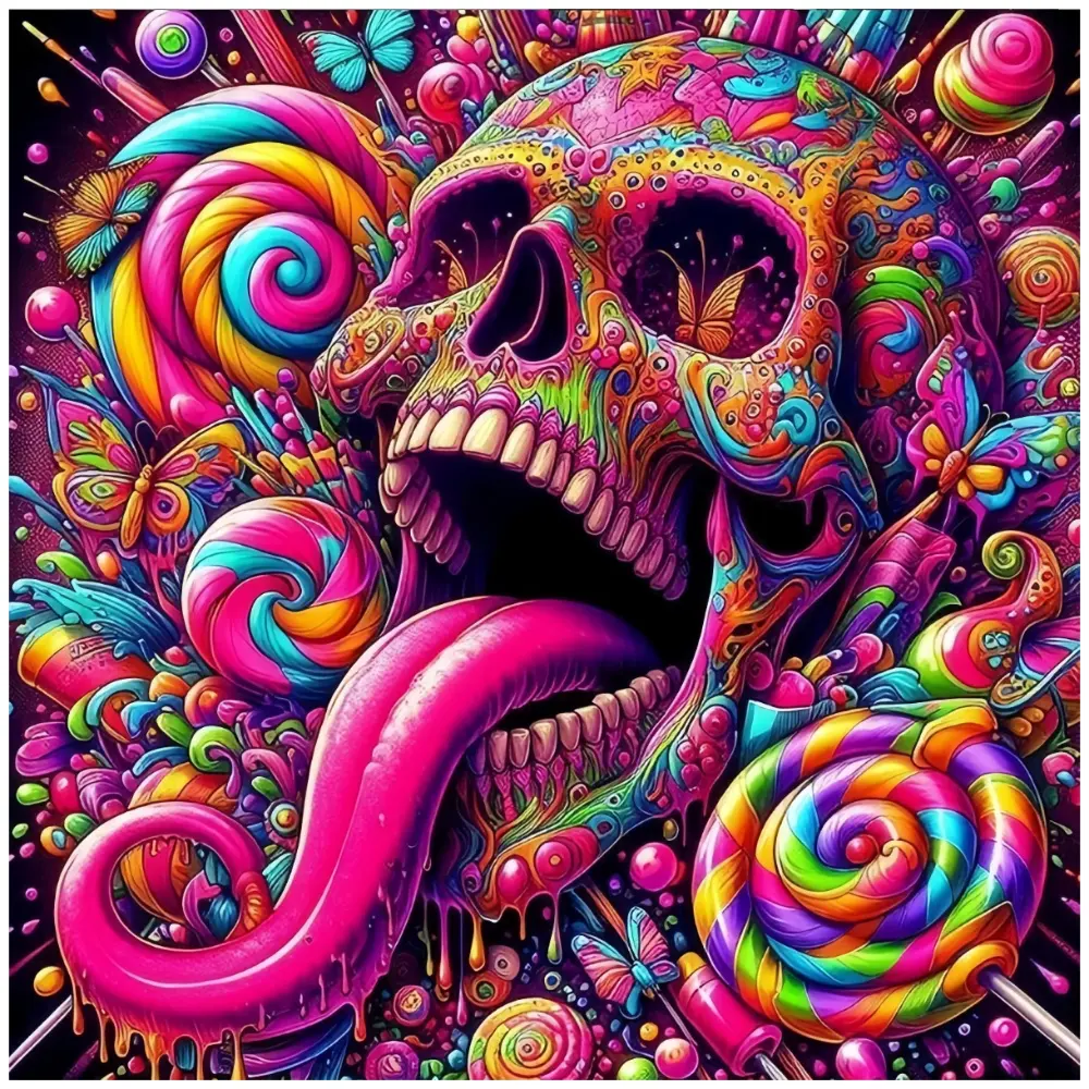 Neon Candy Sugar Skull with Lollipops and Butterflies, Multiple sizes available including square and round diamonds. This 5D DIY diamond painting set diamond art embroidery kit handmade furniture decor holiday birthday art personalized gift DIY Kits.