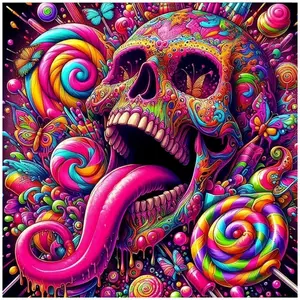 Neon Candy Sugar Skull with Lollipops and Butterflies, Multiple sizes available including square and round diamonds. This 5D DIY diamond painting set diamond art embroidery kit handmade furniture decor holiday birthday art personalized gift.