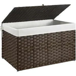 Basket with Lid, 42.3 Gallon(160L) Lagre Wicker Blanket Basket with Handles, Foldable, 2 Removable Liner Bags, Frame, for Bedroom, Laundry Room, Brown, 30"*18.1"*18.1"