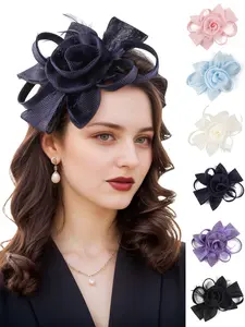 1pcs Women's Flower Floral Design Fascinator Hat Sinamay Feather Accents Tea Party Fascinator Derby Hat Wedding Headband and Clip Bows