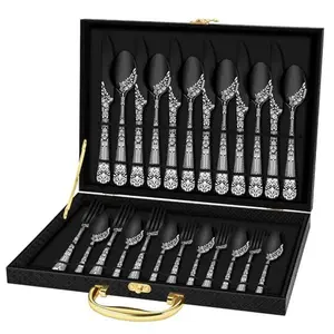 30PCS Unique Floral Black Silverware Stainless Steel Flatware Set with Storage Box 30PCS Unique Floral Black Silverware Stainless Steel Flatware Set with Storage Box
