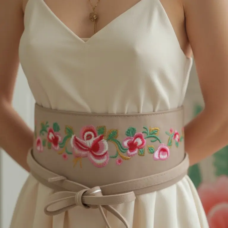 Women Kimono Beige Fashion Wide Wrap Around Tie Belt High Waist Emroidery Flower S M