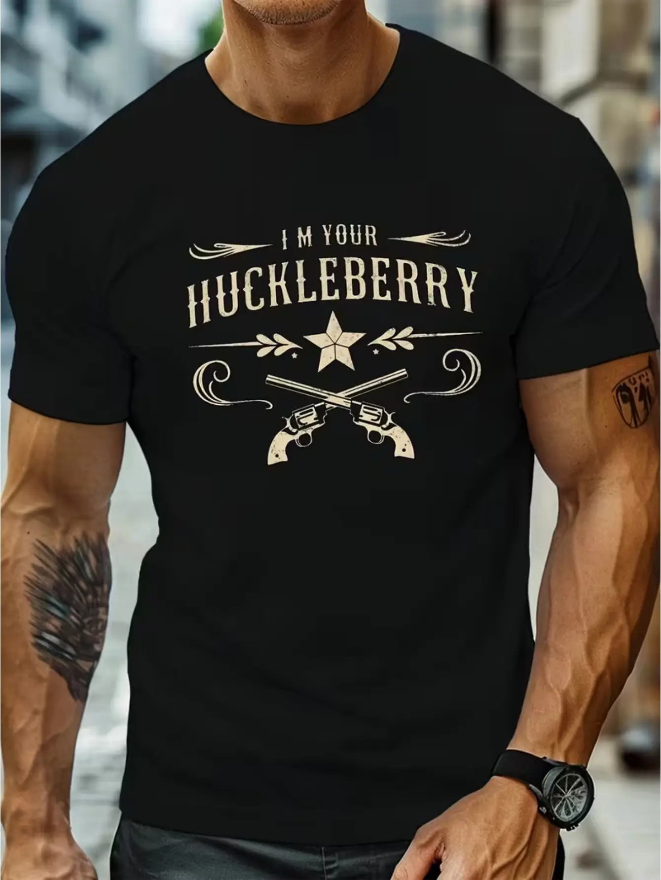Men's "I'm Your Huckleberry" Western Graphic T-Shirt - Breathable Casual Tee with Phrase, Regular Fit Round Neck, Machine Washable Shirt Suitable for - Wear & Everyday Outfits