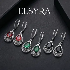Elsyra S925 Sterling Silver Celtic Knot Dangle Earrings 925 Sterling Silver Oxidized Vintage Drop Black, Red Earrings, Green Earrings Leverback Earrings with 8*6mm Simulated Birthstone Crystal Christmas Jewelry Gifts for Women (Gift Box