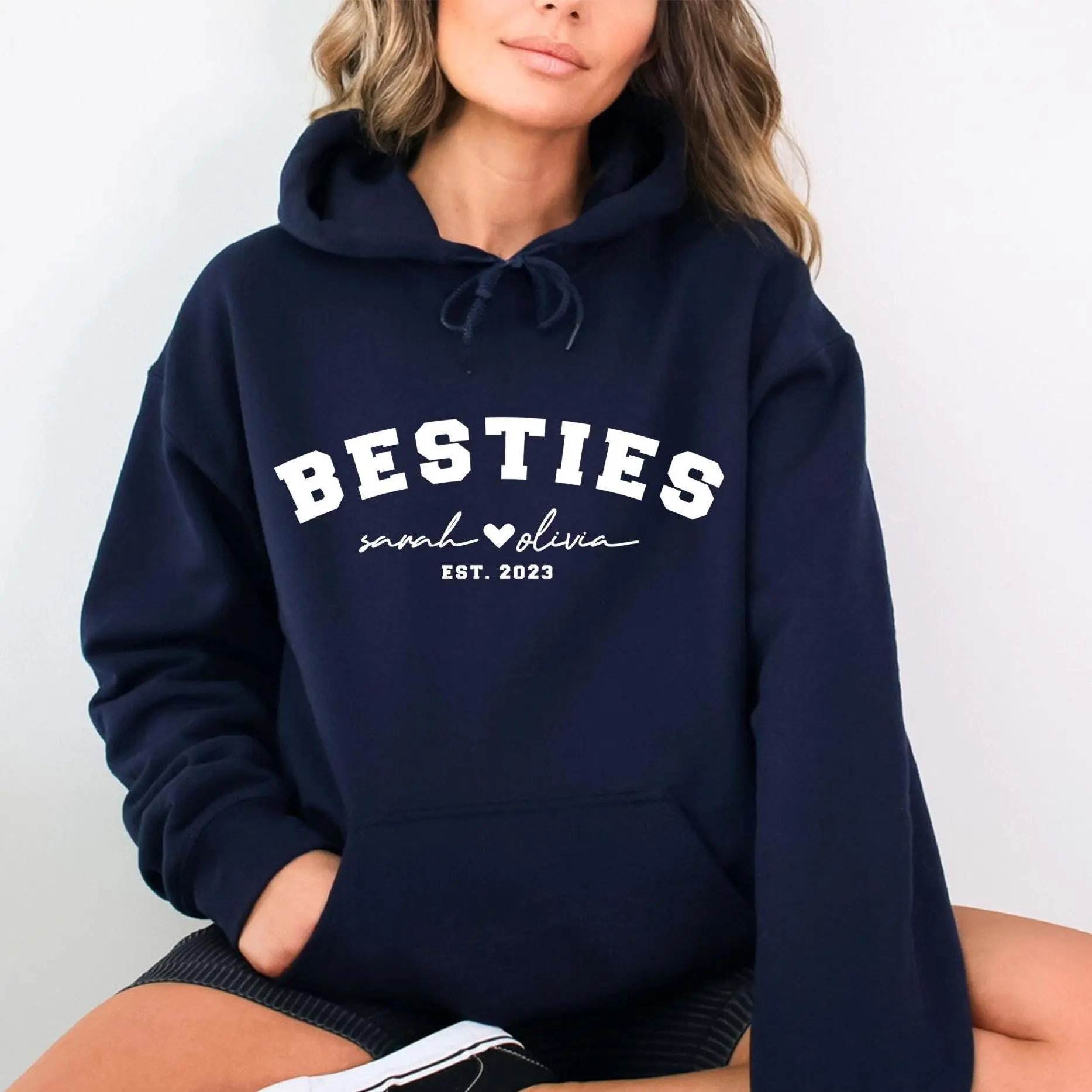 Women's Unisex Custom BFF Matching Pullover Hoodies - Ribbed Seamless Yarn Fabric, Pocket Design, Perfect Anniversary Gift Clothes, Sweatshirts, Fitted, Casual, Long Sleeve, Cotton, Lady