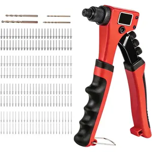 Rivet Gun One-Handed Rivet Gun Kit with 200pcs Rivets, 4pcs Tool-Free Interchangeable Heads and 4pcs Drill Bits - Heavy Duty Hand Riveter for Metal, Wood, Plastic, Leather, Fabric