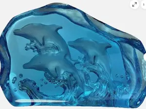 Dolphins 3D Blue Aquamarine Etched Art Glass Ocean Waves Sculpture Paper weight