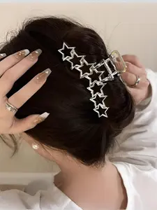 Silver Color Y2K Hollow Star Hair Claw, Sweet Pentagram Heart Design, Cool Girls' Charm Trendy Hair Clip, All-Seasons Aesthetic Accessory
