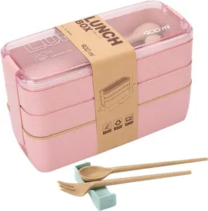 Pink Stackable Bento Box Japanese Lunch Box Kit with Spoon & Fork, 3-In-1 Compartment Wheat Straw Meal Prep Containers for Kids & Adults Set Tableware Tray Reusable