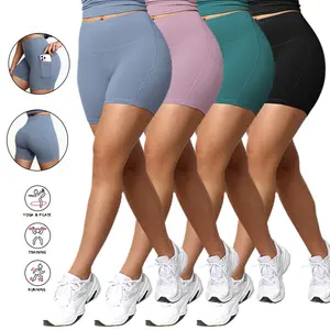 4 Packs Womens Biker Shorts with Pocket, High Waisted Tummy Control Spandex Yoga Workout Shorts