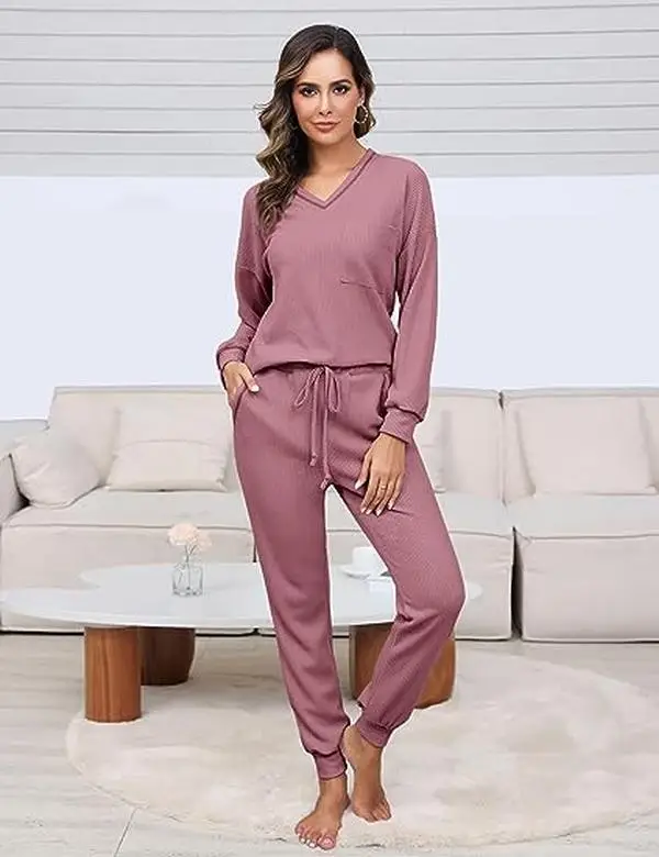 Womens Two Piece Outfits Lounge Sets Waffle Knit Long Sleeve Pullover Tops and Jogger Sweatpants Tracksuits