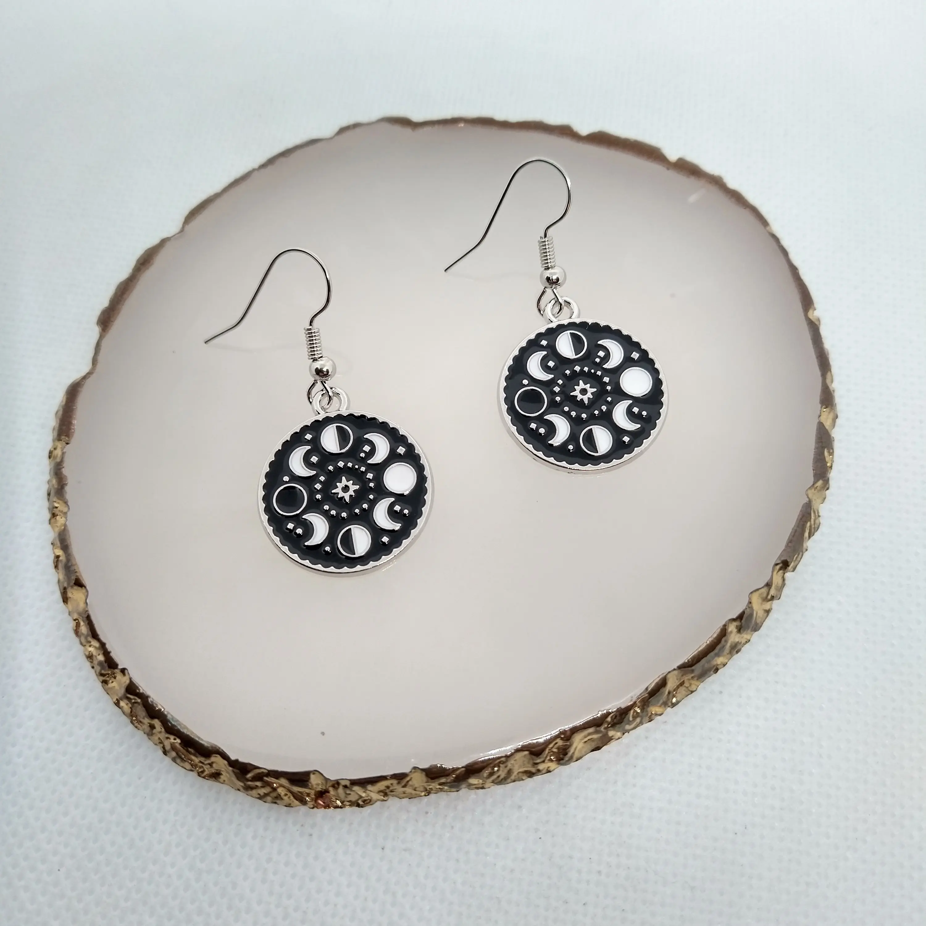 #432 Black & White Moon Phase Earrings, Casual, Moon, Astrological, Alloy