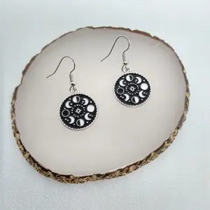 #432 Black & White Moon Phase Earrings, Casual, Moon, Astrological, Alloy