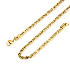 2mm Gold Rope Chain for Women and Men, 18k Gold Plated Rope Necklace for Men
