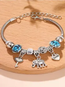 DIY Beaded Elephant Heart Key Pendant, Crystal Pearl Copper Heart Design Bracelet with Charms, Cross-Border Trendy Jewelry, Handmade Accessories