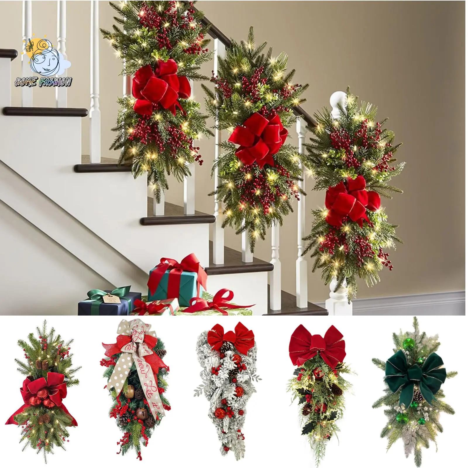 Lighted Christmas Front Door Wreath - 23x11 in Plastic Garland with Bowknot, Pine Cone Balls, LED Lights, Hanging Festive Party Ornament Decor, Hanging Ornament