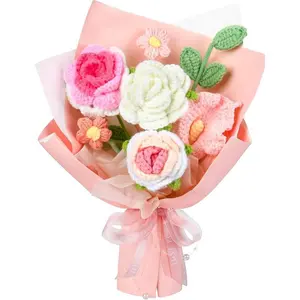 Crochet Flower Bouquet, Pink Rose Handmade Crochet Flowers Knitted Bouquet for Birthday, Wedding, Anniversary, Graduation Gift for Her, Girlfriend, Wife, Women