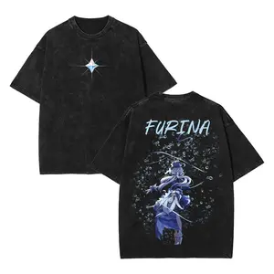 FURINA Genshin Impact Double-Sided Graphic Tee, Washed Oversized Unisex Cotton T-Shirt, Fontaine Archon Retro Gamer Merch, Streetwear Top For Him Her, Vintage Anime-Inspired Gift, Menswear Summer Fit, Soft Fabric Short Sleeve Tee Menswear dailywear