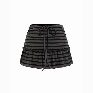 Cider Mid Rise Striped Drawstring Lettuce Trim Peplum Mini Skort