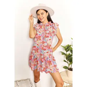 Double Take Floral Tie Neck Cap Sleeve Dress