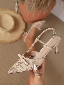 Elegant Women's 6cm Heeled Shoes, Pointed Toe Lace Design, Buckle Detail, Suitable for Professional and Casual Occasions