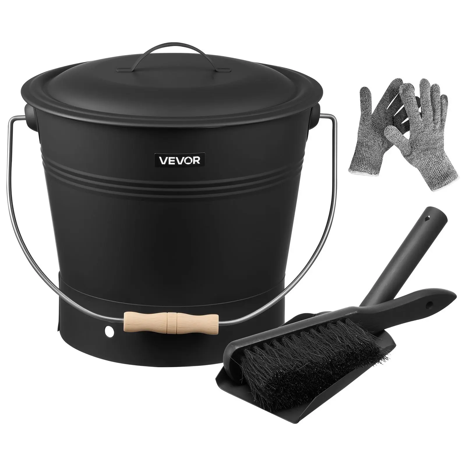 VEVOR Ergonomic Steel Ash Bucket Hand Set, 4-Piece Home Supplies Kit with Lid, Shovel, Broom & Gloves, 2.6 GAL Heat Resistant Double Insulation Metal Container for Fireplace Users, Wood Burning Stoves, Outdoors