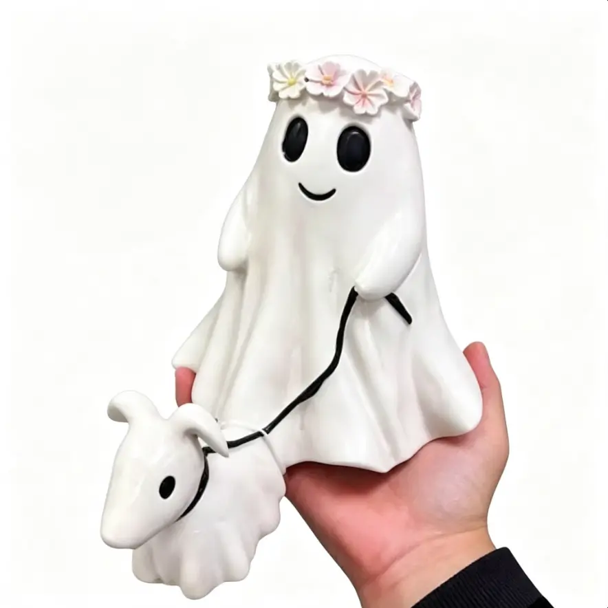 Cute Ghost Walking Ghost Dog Statue with Flower Crown, Halloween Resin Figurine Decor, Spooky Ghost Puppy Ornament for Tabletop, Mantel, Indoor Home Halloween Party Decor, Halloween Gift Decoration