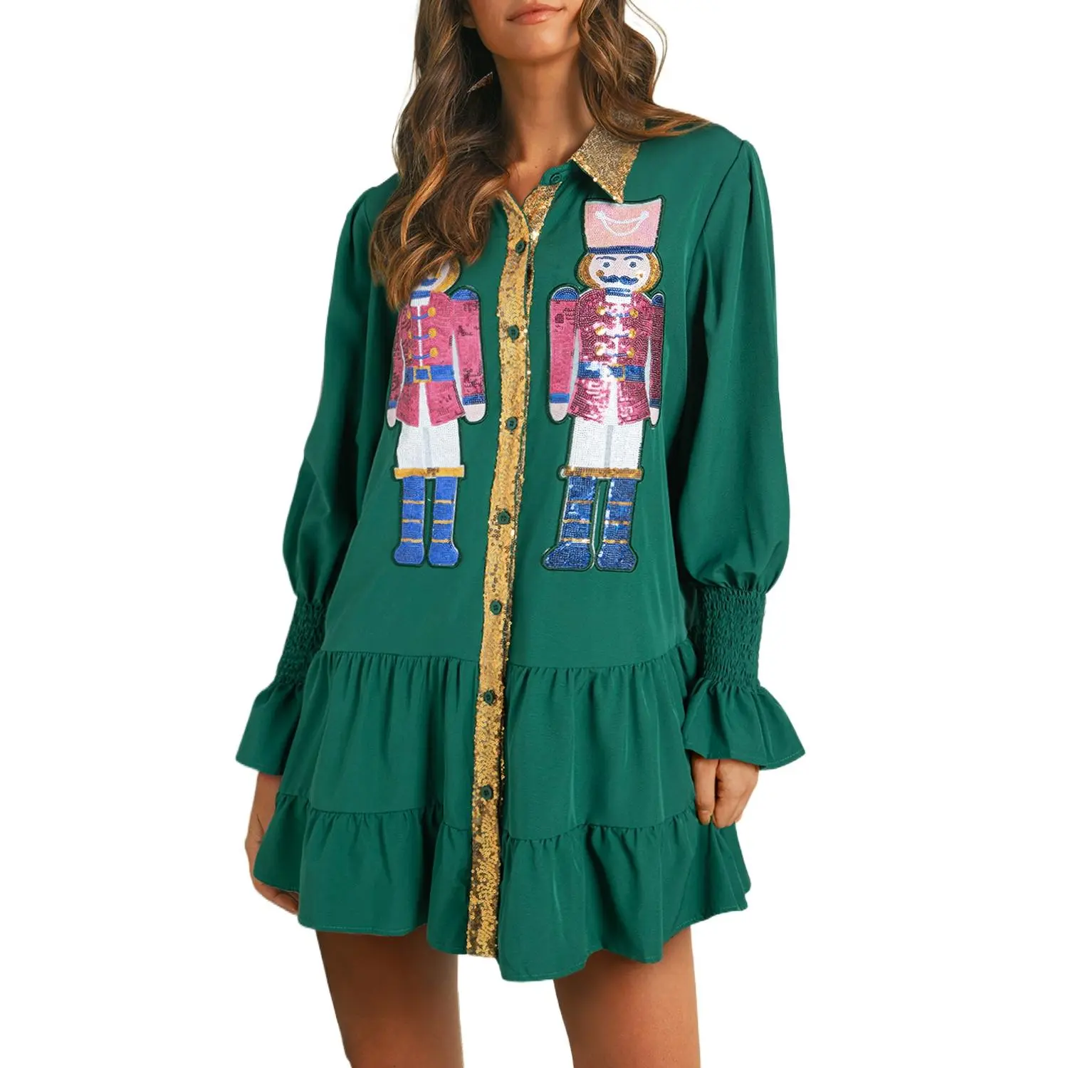 Women's Evergreen Shift Dress, Elegant Polyester Holiday Mini Dress with Sequin Nutcracker, Collar and Ruffled Longsleeves, Casual Wear, Long Sleeves, Collared Neck, Nutcracker Print