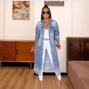 NewHot selling European and American loose ripped denim long coat cape Can be used with raincoat