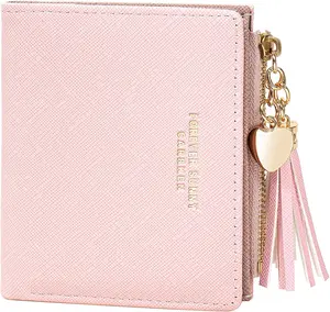 Womens Small Wallet Girls  Slim Wallets Pretty Mini Card Holder Thin Short Zip  Purse with Love Pendant and Tassels (Pink)