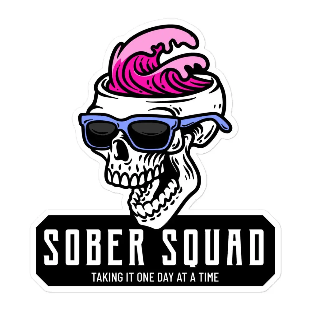 Sober Squad Vinyl Sticker - Graphic Design Featuring Skull and Pink Sushi Roll, "TAKING IT ONE DAY AT A TIME" Text