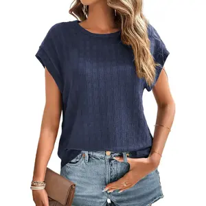 Womens Blouses Summer Casual Cap Short Sleeve Tops Basic Textured Solid Color Round Neck T Shirts Blouse