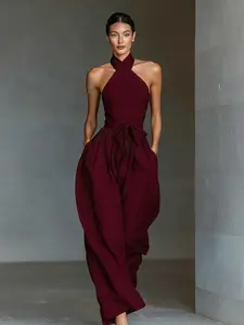 Women's Fashion Tie-Back Cross Halter Sleeveless Jumpsuit, Loose Fit Wide Leg Casual Romper, Stylish Belted Waist Design