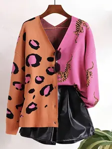 Tiger Leopard Print V-Neck Cardigan, Sweet Cool Girl Style, Animal Pattern Jacquard, Loose Fit, Streetwear, Atmosphere