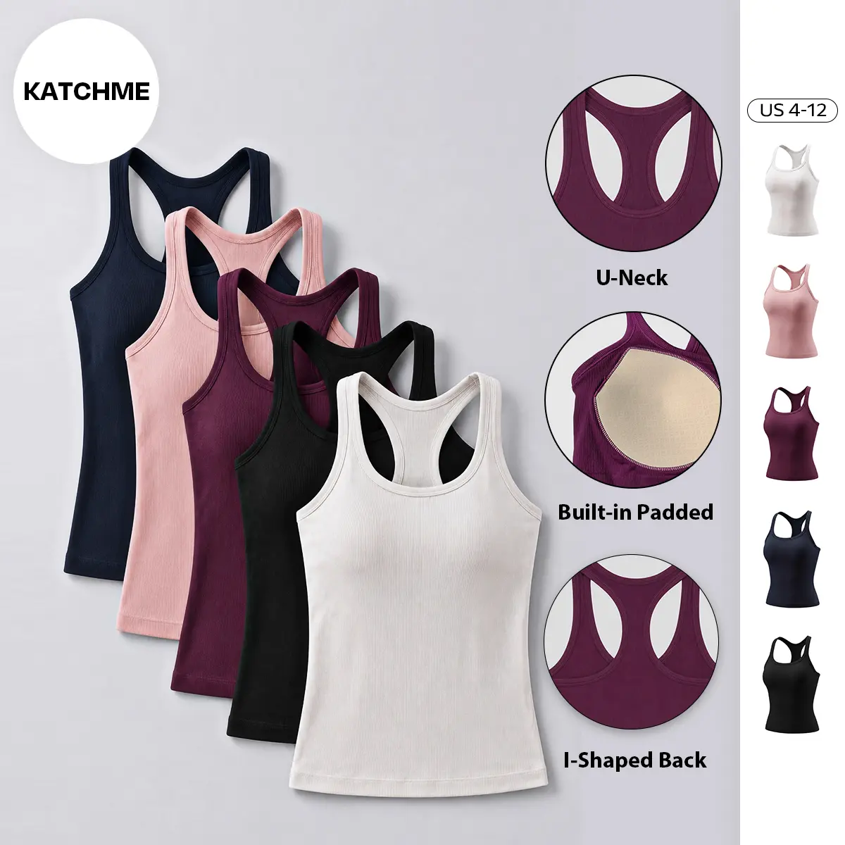 KatchMe Women's Minimalist Solid Color U-Neck 2-in-1 Camisole, Soft Quick-Drying Built-in Bra Padded Tank Top, Basic Workout Stretchy Breathable Outfit