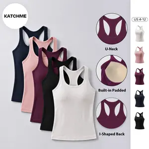 KatchMe Women's Minimalist Solid Color U-Neck 2-in-1 Camisole, Soft Quick-Drying Built-in Bra Padded Tank Top, Basic Workout Stretchy Breathable Outfit