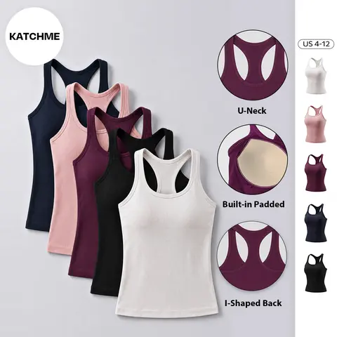 KatchMe Women's Minimalist Solid Color U-Neck 2-in-1 Camisole, Soft Quick-Drying Built-in Bra Padded Tank Top, Basic Workout Stretchy Breathable Outfit