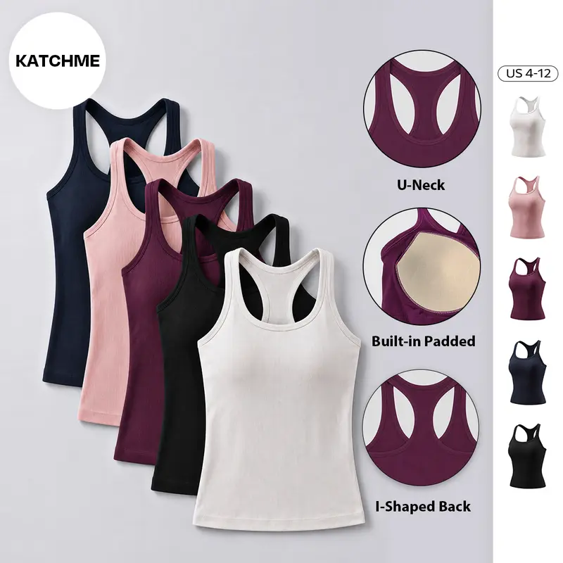 KatchMe Women's Minimalist Solid Color U-Neck 2-in-1 Camisole, Soft Quick-Drying Built-in Bra Padded Tank Top, Basic Workout Stretchy Breathable Outfit
