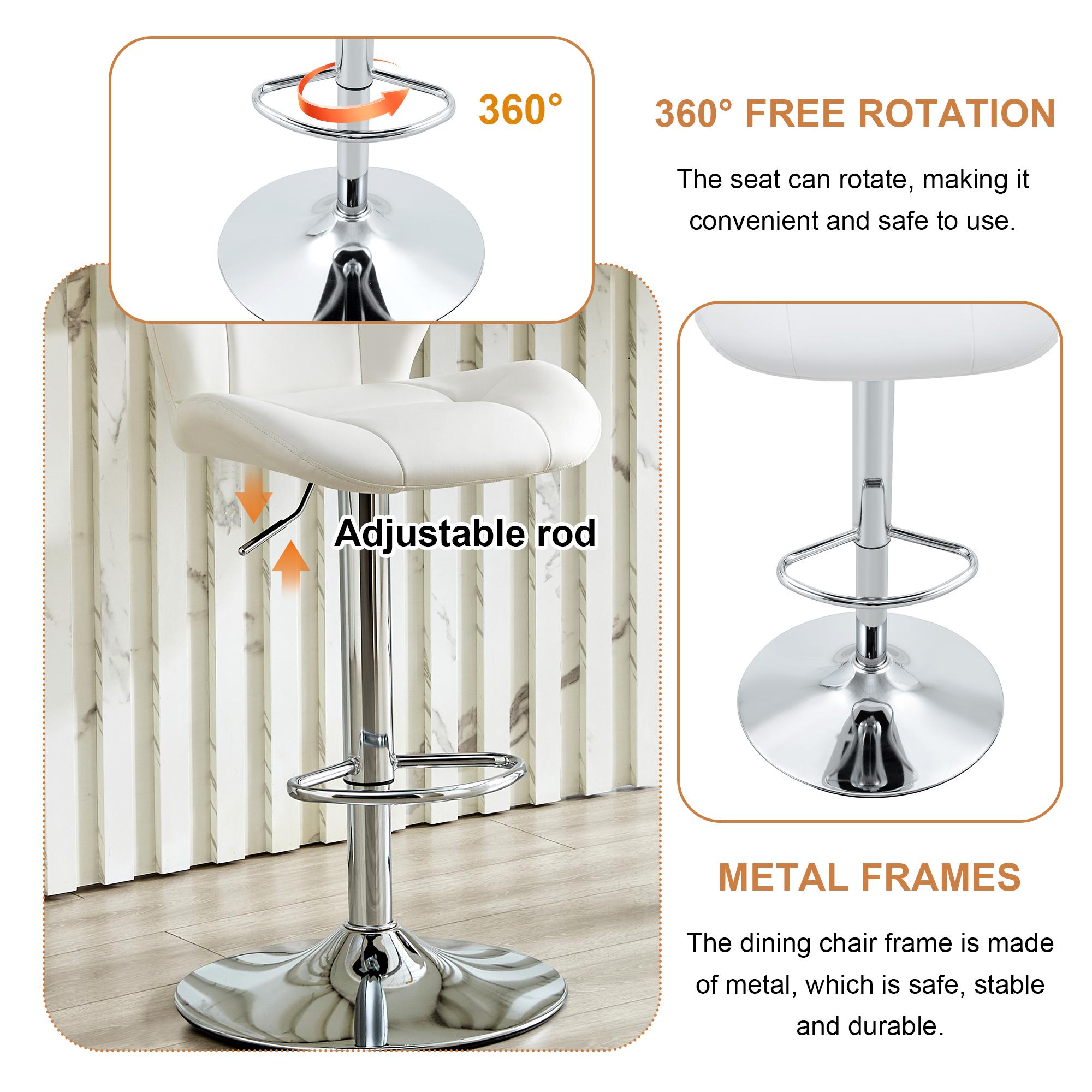 Set of 2 Adjustable Bar Stools, PU Upholstered Tufted Backrest Chairs with Chrome Footrest for Kitchen Island Pub Bar, White