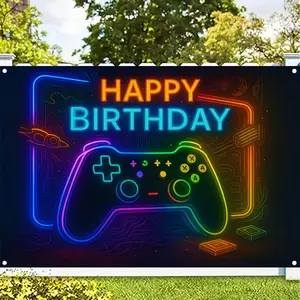 1pc 2D Flat Neon Gaming Birthday Banner - Happy Birthday Party Decorations with Controller Design, No Electricity Needed, Durable Polyester Indoor/Outdoor Banner for Gamers, Birthday Parties, Cake Table, Baptism,