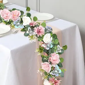 Eucalyptus Wreath with Butterfly Accent, 5.9ft Artificial Rose Garland, Vine Flowers, Wedding Table Decor, Party Arch Background