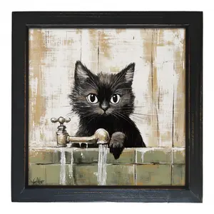 Charming 8x8" Black Cat Framed Canvas Wall Art - Ideal for Home Decor & Summer Themes, Wooden Frame, Ready to Hang, Cat Decor