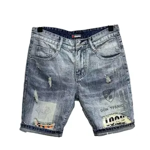Men's denim shorts with holes, splatter paint graffiti, slim fit, straight cut, Korean style mid-length pants Streetwear Blue