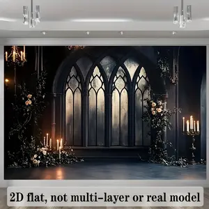 Gothic Window Candlelight Backdrop Vintage Castle Theme Tapestry Wall Hanging Photography Background for Halloween Party Wedding Event Room Decor Supplies