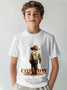 Boys' Western Style Short-Sleeve Tee Shirt, Slim Fit Summer Top Without Zipper & Button, Geometric Pattern Design