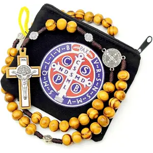 Wooden Rosary,Wooden Beads Rosaries,Rosary Beads Catholic with Paracord String,Rosario with San Benito Medal, Crucifix Necklace for Men Women,Wooden Cross Necklace for Women, Rosarios Del Perdon