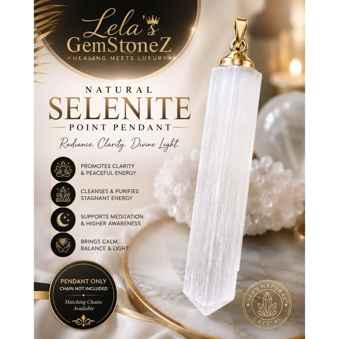Lela's GemStoneZ Natural White Selenite Point Pendant with Gold-Tone Cap Radiance Clarity Divine Light for Meditation and Spiritual Practices Crystal
