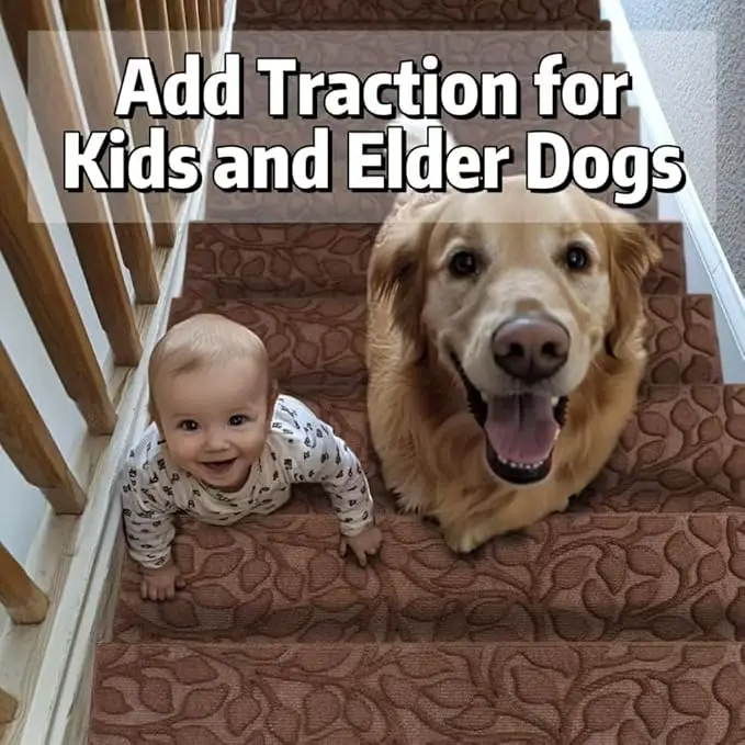 2pcs 8.5" x 30" Stair Treads Outdoor for Elders and Dogs on Wooden Steps, Non Slip Stair Runner Rug Heat Insulation Rubber Backing, Brown Floral Staircase Mat Carpet for Indoor Grip Farmhouse.