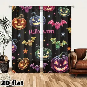 2D Flat 2Pcs Halloween Curtains Blackout Window Drapes Colorful Pumpkin Bats Pattern Treatment Panels Rod Pocket Semi Shading Polyester Fabric For Living Room Bedroom Kitchen Home Decor Holiday Festive Season Curtain