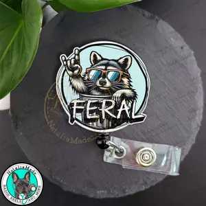 NataliaMade Funny Retractable ID Badge Holder with Feral Raccoon Design for Nurses, Healthcare Staff, Teachers, and Retail Workers